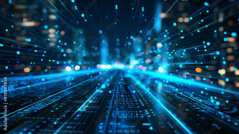 Poster abstract image of blurred lights along data cables representing high-speed internet connectivity and