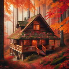 A cozy cabin in the woods surrounded by colorful autumn leaves