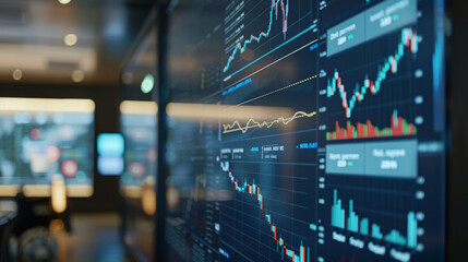 A detailed close-up of stock market data being analyzed on a large screen or projector in a boardroom. The data includes bar graphs, pie charts, and line graphs with various stock prices and indices. 