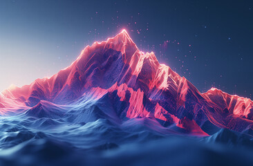 Mountain peak with flag on top, made of fiery blue and red lines in data visualization style.
