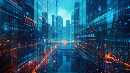 Obraz premium Digital composite of a cityscape integrated with glowing networks, symbolizing smart city technology and futuristic urban development.