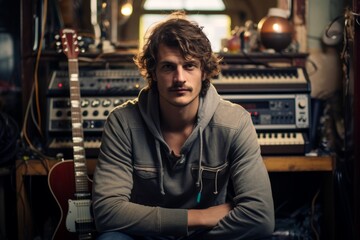 Obraz premium The Soulful Gaze of an Artist: A Musician's Close-Up Portrait with a Rehearsal Studio Backdrop
