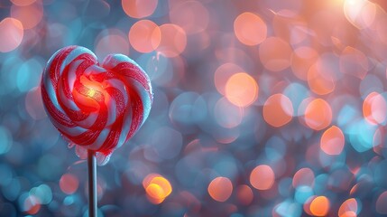 Festive lights bokeh illuminating a heart of lollipops, set against a high-res pastel background