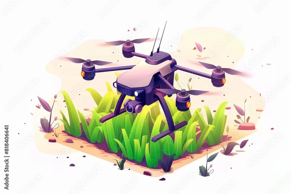 Poster agritech modernizes farming with aerial views and drone technology, utilizing smart farming for effi