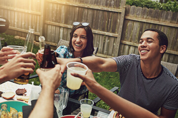 People, toast and lunch at party, backyard or happy for food, diversity or celebration in summer....