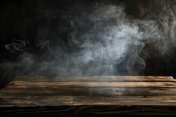 Old wood table top with smoke in the dark background - generative ai