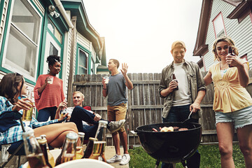 Friends, group and alcohol in backyard with bbq for social event, party and celebration with...