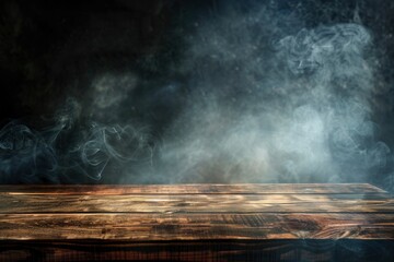 Old wood table top with smoke in the dark background - generative ai