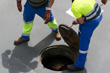 sewerage service worker checking the sewer pipe lines on  city street