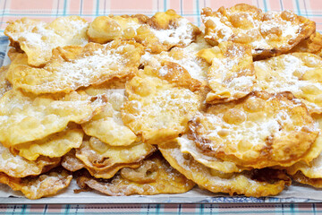 carnival ears traditional dessert from Galicia region, Spain; made with flour, eggs, milk and butter