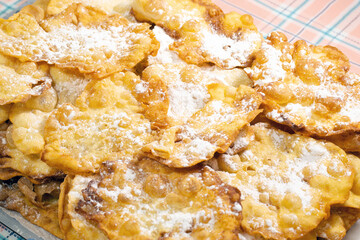 carnival ears traditional dessert from Galicia region, Spain; made with flour, eggs, milk and butter