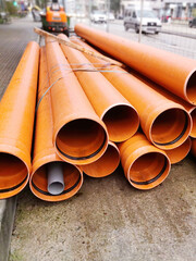 new  pipes at construction site on city streets to change the old pipelines
