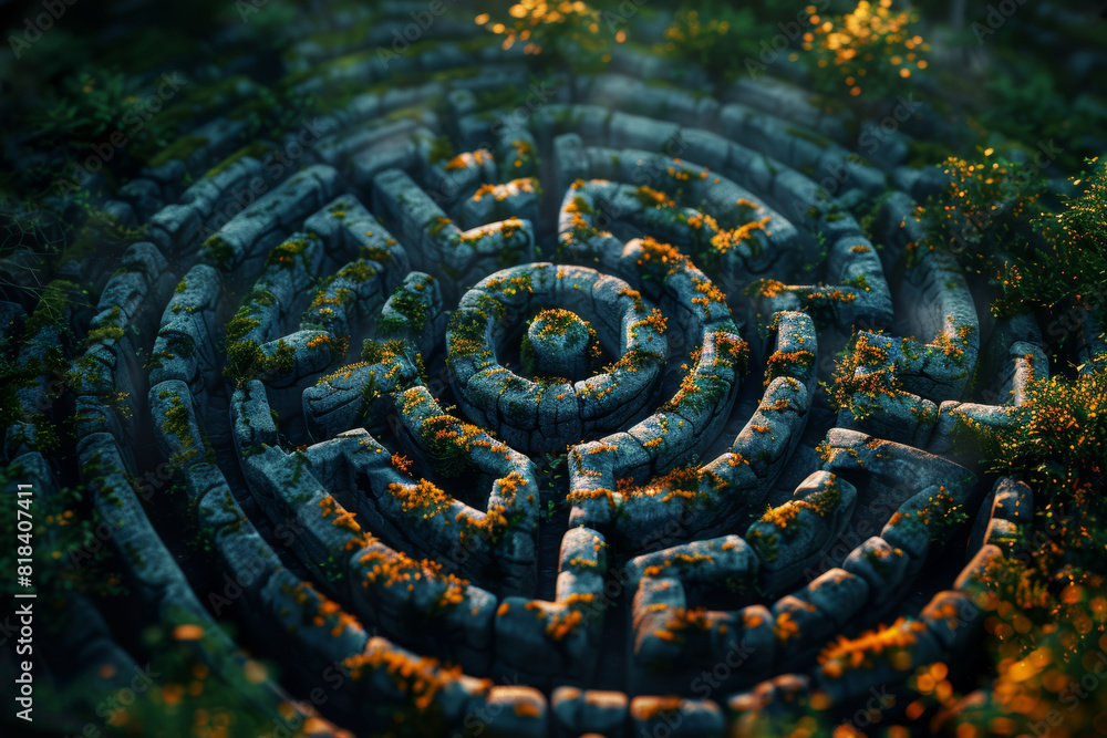 Poster a tangled maze with no clear path forward, representing the confusion and uncertainty of a crisis. c