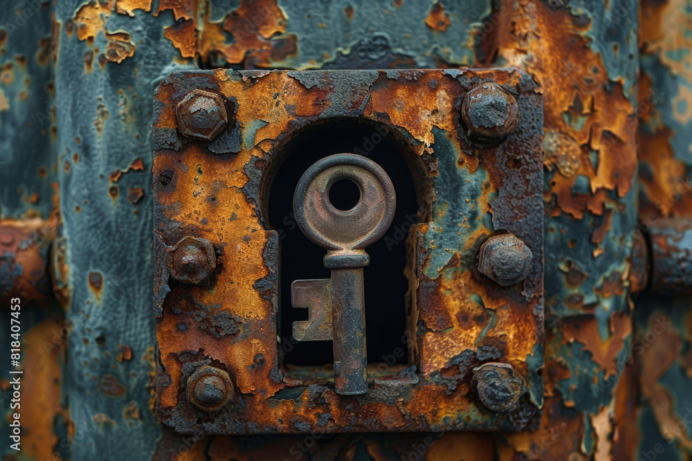 Poster a rusted key stuck in a corroded lock, signifying the inability to unlock solutions to ongoing probl