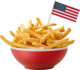 Bowl of French fries with American flag toothpick over white transparent background