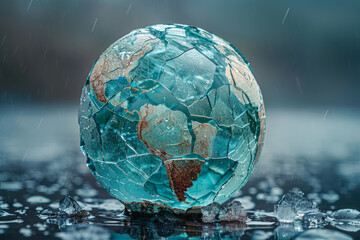 A cracked glass globe with fractured continents, suggesting the fragility of global stability. Concept of geopolitical crisis and international tensions. Generative Ai.