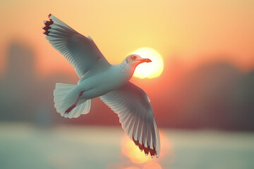 A lone seagull soaring gracefully against a pastel sky, embodying freedom and independence. Concept...