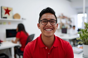 Obraz premium A young mexican community manager wearing a red polo shirt in a white office, laugh