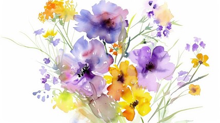Vibrant watercolor illustration of a bouquet of wildflowers in various hues of purple, yellow, and orange