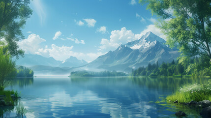 Beautiful lake with blue sky and green trees, beautiful mountain landscape, cartoon or anime style,...