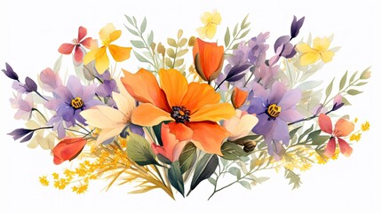 Vibrant watercolor illustration of a bouquet of wildflowers in various hues of purple, yellow, and orange