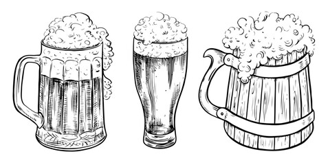 A set of beer mugs. Vintage vector engraving for web pages, posters, party invitations. A hand-drawn design element highlighted on a white background. For pub or restaurant menus, label, poster, logo.