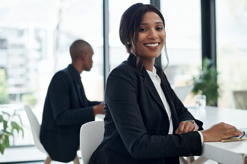 Happy black woman, portrait and accountant with career ambition for finance at office or agency....