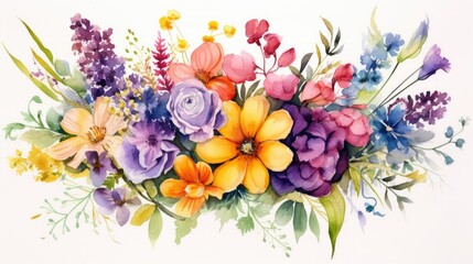 Fototapeta premium Vibrant watercolor illustration of a bouquet of wildflowers in various hues of purple, yellow, and orange