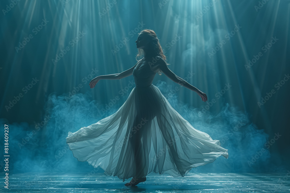 Poster a dancer gracefully moving across the stage, captivating the audience with their fluid movements and