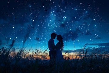 A couple embracing under a starry sky, their silhouettes illuminated by the moonlight. Concept of romance and intimacy. Generative Ai.
