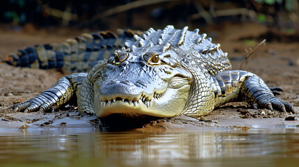 Obraz premium A crocodile basking on the banks of a murky river