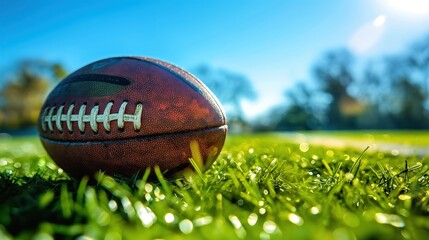 Close-up of Football on Green Grass Field in Sunlight