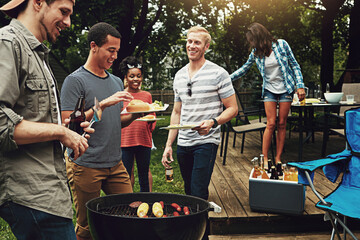 Friends, barbecue and serving with plate in summer with diversity, backyard and cooking for meat on...