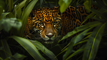 A jaguar stealthily stalking through the lush foliage of the Amazon jungle