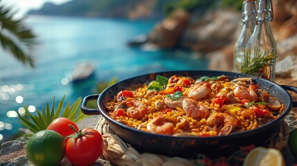 delicious paella with seafood served by the sea on sunny day