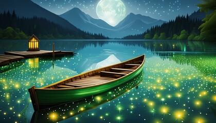  Boats gently bobbing in the water, the reflection of the moon on the surface,