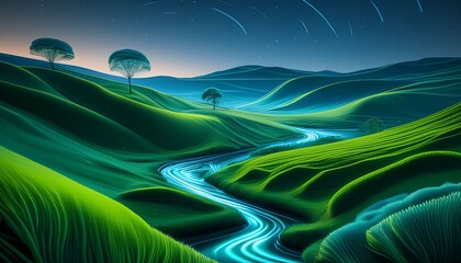 Obraz premium Rolling hills covered in soft grass, a small stream winding through the valley,