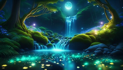  Water cascading down rocks, a pool of water at the base reflecting the moon, fireflies Flitt