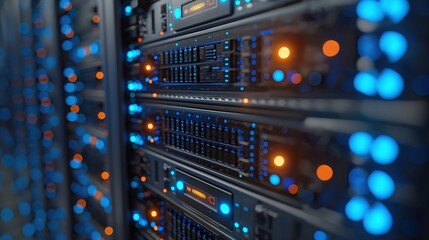 Naklejka premium Close-Up of Server Racks with LED Lights