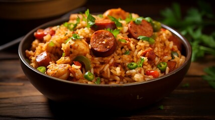 Spanish paella with shrimps, sausages and vegetables