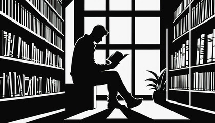 World Book Lovers Day. a man is reading a book in the library. The guy is reading a book