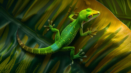 Fototapeta premium A green gecko perched on a vibrant tropical leaf