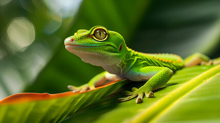Obraz premium A green gecko perched on a vibrant tropical leaf