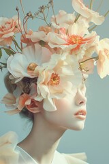 A womans portrait with a bouquet of delicate soft pink and white flowers on her head showcasing beauty and fashion art.