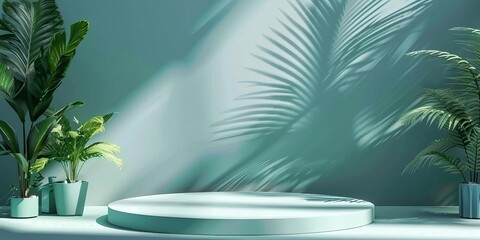 Fototapeta premium Luxury podium background for product display with tropical leaves and shadow