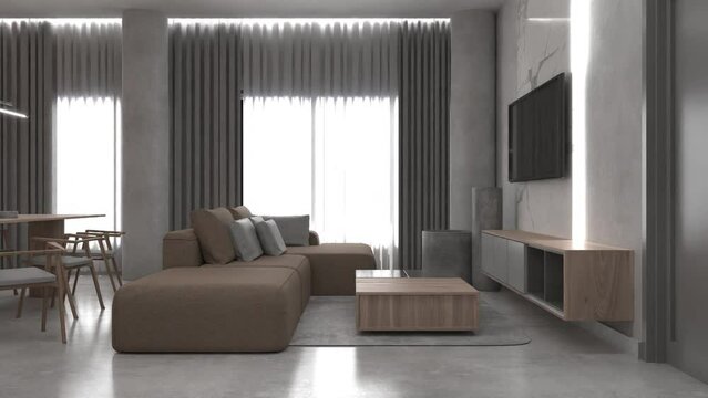 Modern interior design livingroom. Lighting and sunny scandinavian apartment with plaster and wood. 3d render illustration.