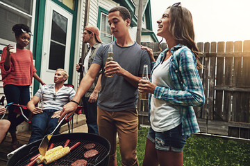 Friends, group and drinking in garden with bbq for social event, party and celebration with...