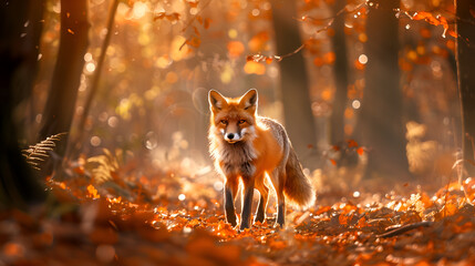 A red fox prowling through a sun-dappled forest
