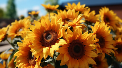 Obraz premium Common sunflower blooming at sunflower field, flowers plant, common sunflower