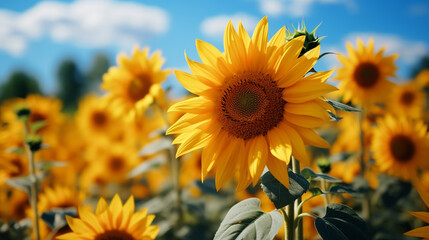 Obraz premium Common sunflower blooming at sunflower field, flowers plant, common sunflower